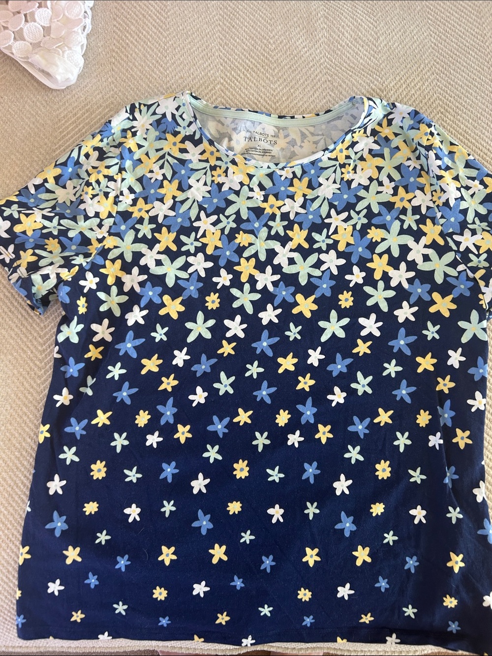 Talbots Navy Floral Short-Sleeve Tee with Yellow & Light Blue Flowers
